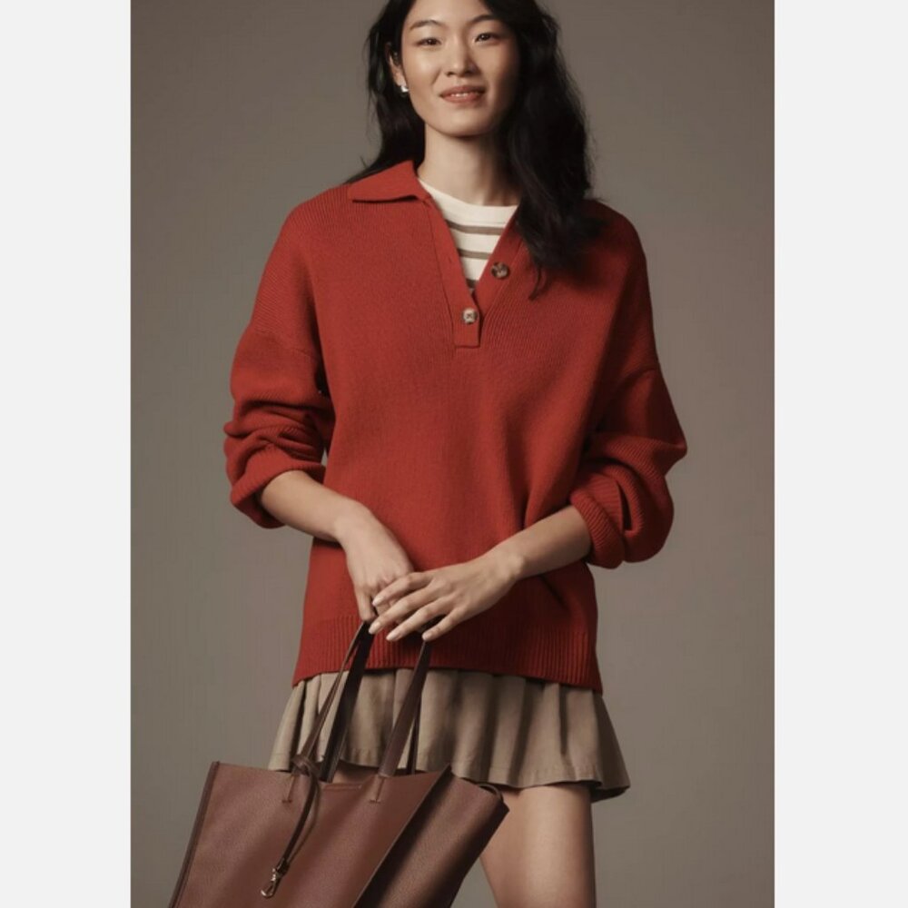 Reformation Red Brooklyn Polo Sweater Organic Cotton Sweater L NWT Anthropologie - Picture 9 of 9